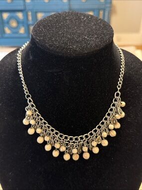 Vintage Silver Tone Cream Beaded Pendant Choker Collar Statement Necklace
